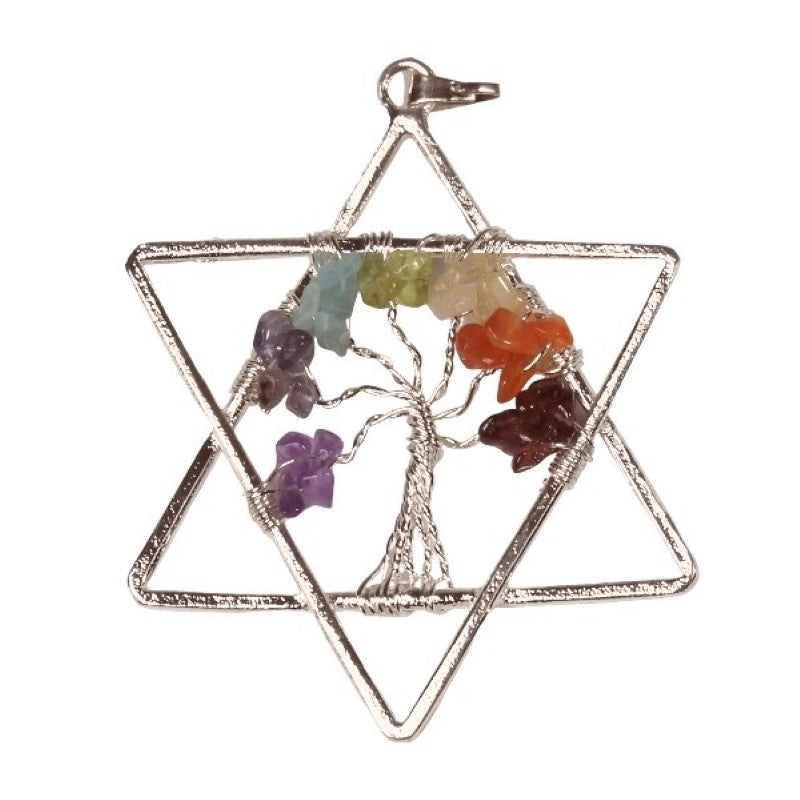 Star Tree of Life Chip Wire Pendant featuring vibrant chip stones, silver-plated finish, symbolizing growth and connection.