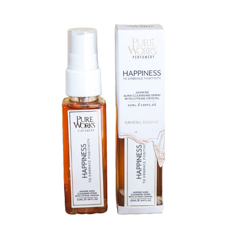 Happiness Jasmine Aura Cleansing Spray, 50ml, blends uplifting jasmine, ylang ylang, and citrine for positivity and tranquility.