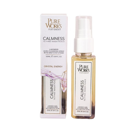 Calmness Lavender spray with Amethyst stones promotes relaxation, restorative sleep, and energy cleansing in a serene 50ml bottle.