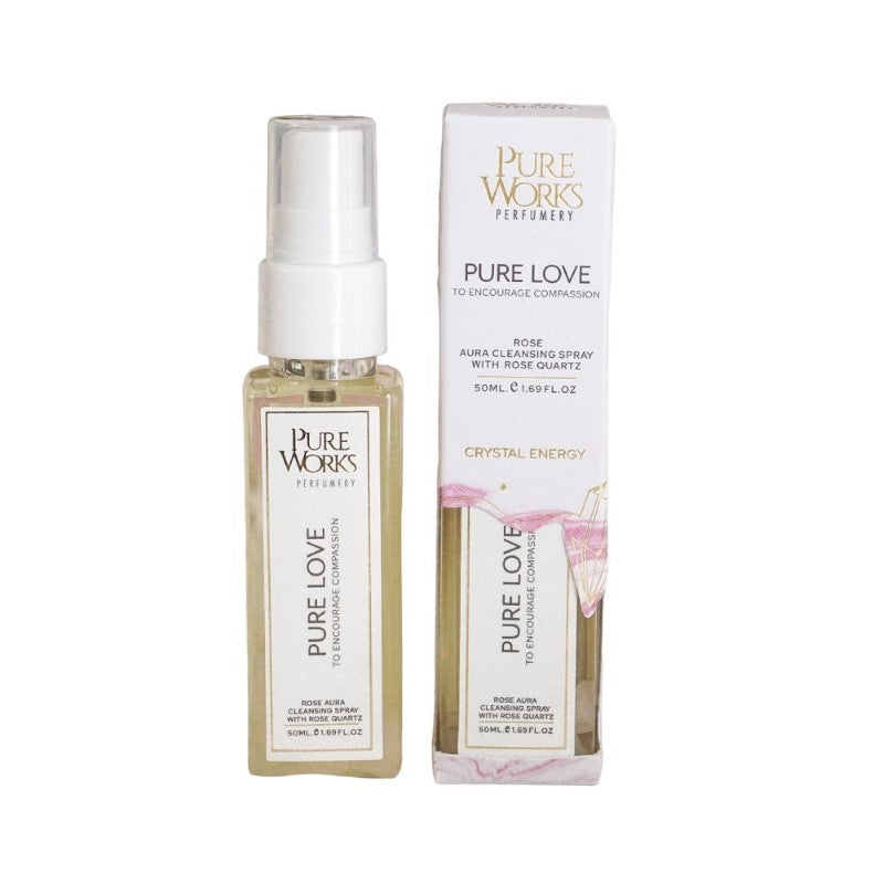 Aura cleansing spray with rose, peony, and plum scents, infused with Rose Quartz for love and emotional healing.