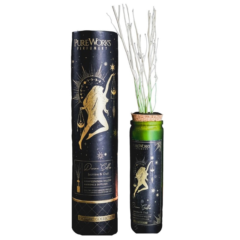 Divine Goddess Jasmine & Oud Diffuser in ombre glass, featuring cork top and willow sticks for a serene, luxurious aroma.