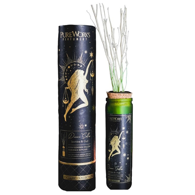 Divine Goddess Jasmine & Oud Diffuser in ombre glass, featuring cork top and willow sticks for a serene, luxurious aroma.
