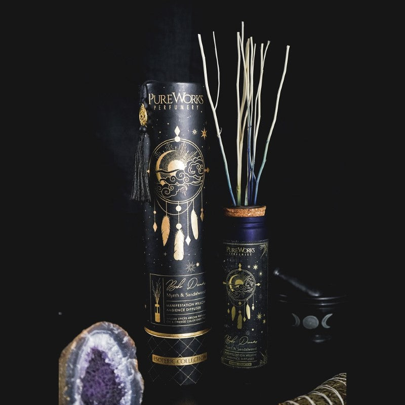 Boho Dreams Myrrh & Sandalwood Diffuser in ombre glass, with cork top, charm tassel, and willow sticks for a serene ambiance.