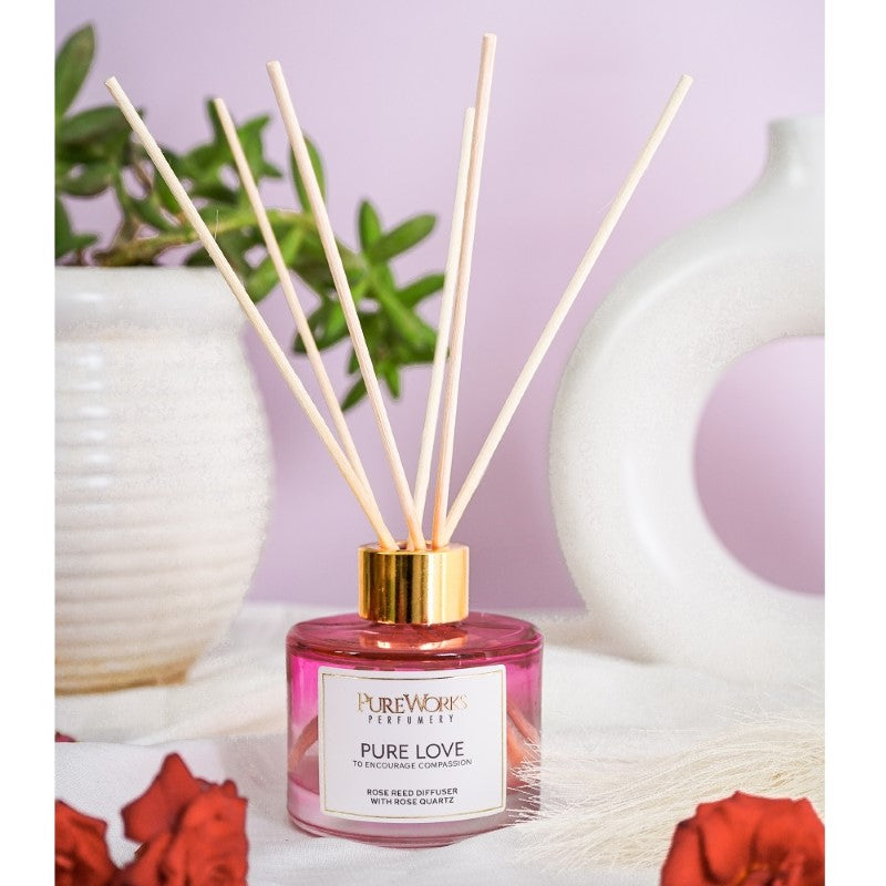 Pure Love Rose Reed Diffuser in ombre glass with rose quartz, offering floral scent and crystal energy for tranquility and love.