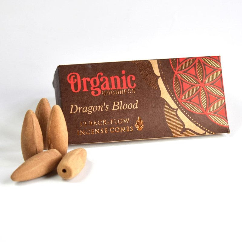 Handcrafted backflow incense cones in Dragons Blood scent, eco-friendly, organic, and supports children's education in India.