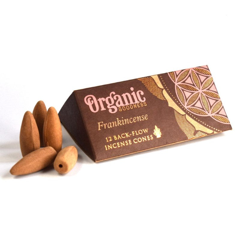 Set of 6 organic backflow incense cones with frankincense scent, handcrafted in India for sustainable and eco-friendly use.