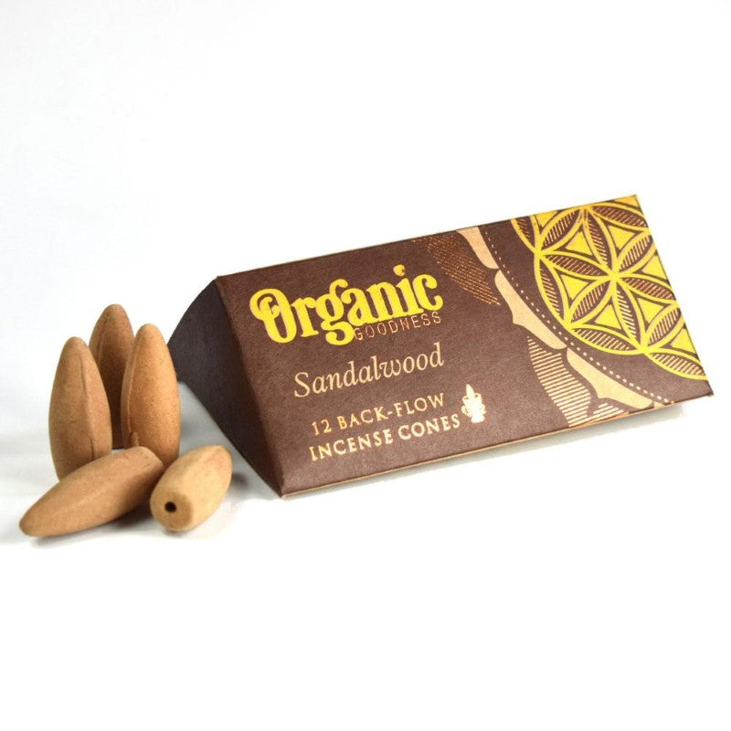 Backflow incense cones in sandalwood scent, organic, eco-friendly packaging, supports families and children's education in India.