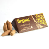 Backflow incense cones in sandalwood scent, organic, eco-friendly packaging, supports families and children's education in India.