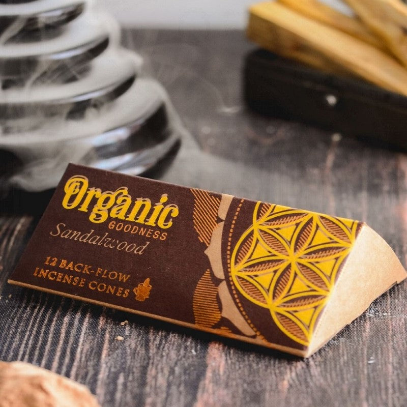 Sandalwood backflow incense cone set of 6, handmade in India, eco-friendly, aromatic smoke for meditation and wellness.