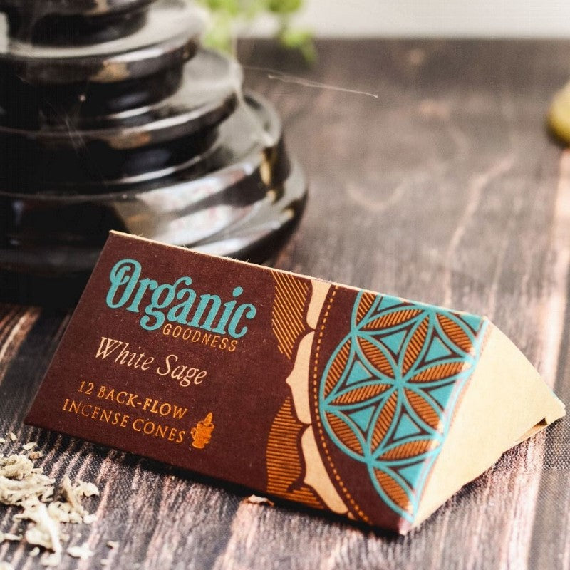 Backflow incense cones infused with White Sage, promoting relaxation and supporting families in India through organic ingredients.