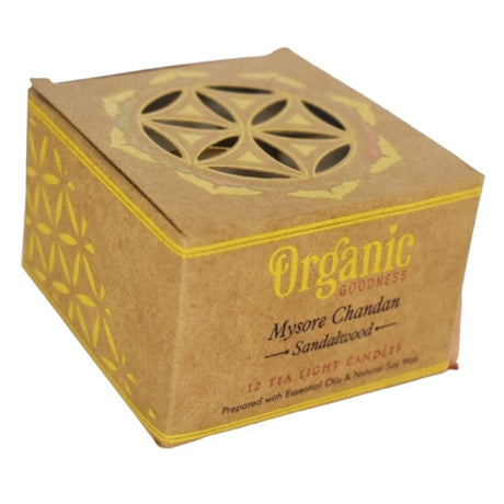 Set of 12 organic sandalwood tealight candles in elegant metal capsules, perfect for creating a calming ambiance.