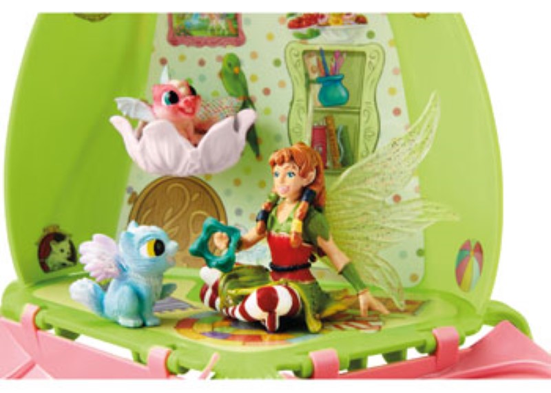 A colorful playset featuring Marween the sun fairy, baby dragons, and Piuh the raccoon for imaginative adventures.