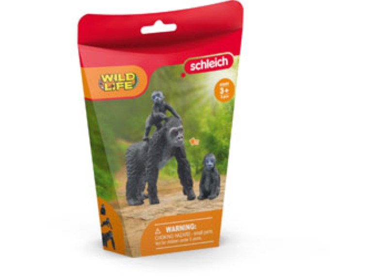 Realistic Schleich Gorilla Family set with mother, father, and baby gorilla, perfect for imaginative play and wildlife education.