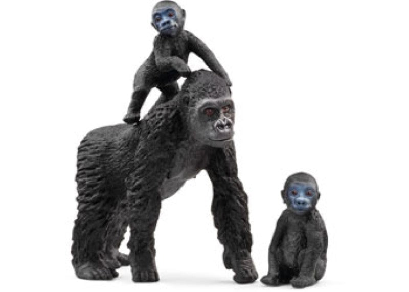 Realistic Schleich Gorilla Family figures including a baby, mother, and father gorilla, ideal for imaginative play and learning.