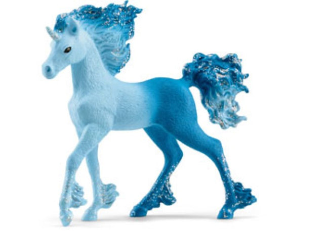 Colorful Schleich Elementa Water Flames Unicorn Foal figurine with intricate details, perfect for imaginative play and display.