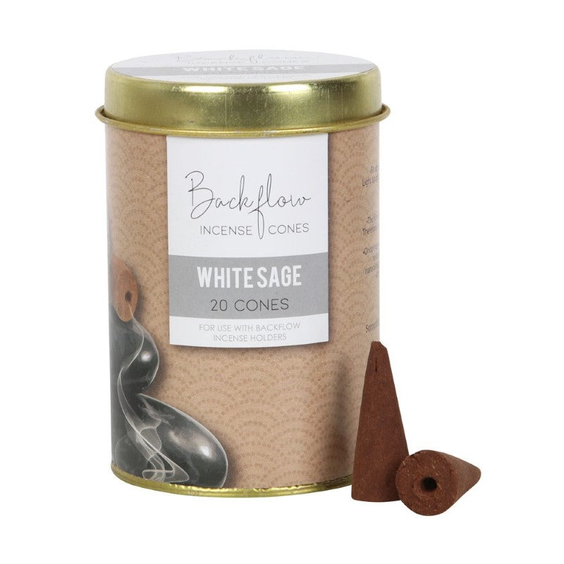 Set of 6 White Sage Backflow Incense Cones in a tray, handmade in India for purifying aroma and mesmerizing smoke displays.