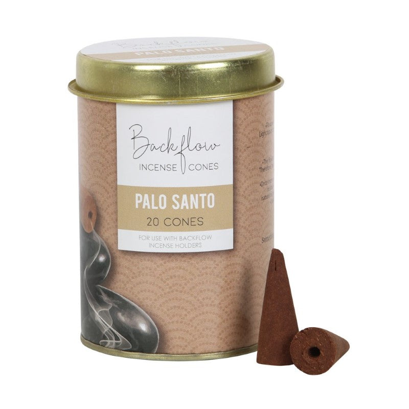Set of 6 handmade Palo Santo backflow incense cones in a stylish tray, offering soothing aroma and impressive smoke displays.