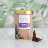 Set of 6 handmade lavender backflow incense cones in tins, designed for aromatic serenity and stunning smoke displays.