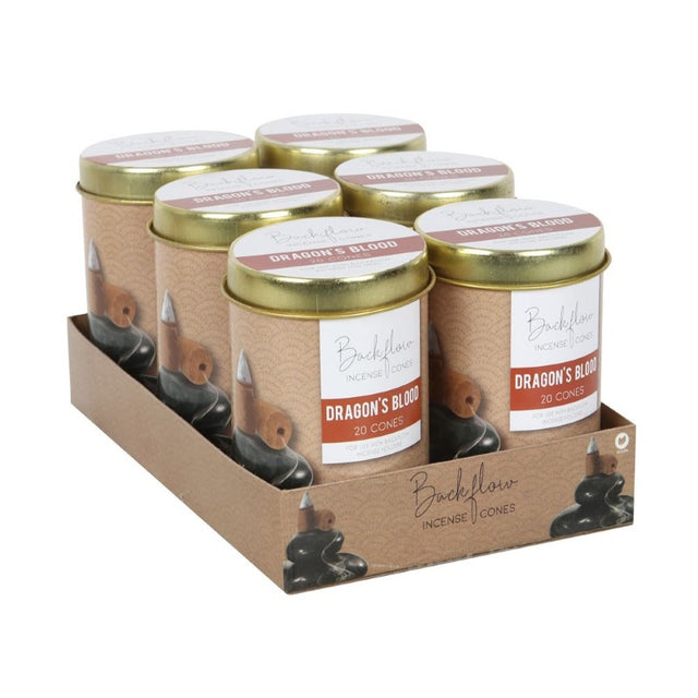 Set of 6 Dragon's Blood Backflow Incense Cones in tins, creating mesmerizing smoke displays for relaxation and meditation.
