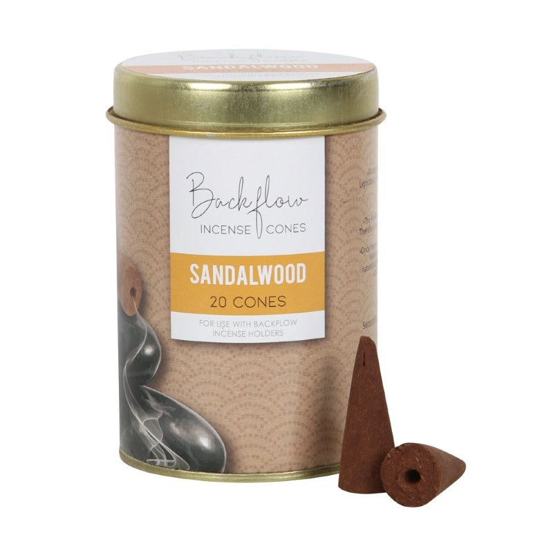 Set of 6 sandalwood backflow incense cones in decorative tins, designed for calming ambiance and stunning smoke cascades.
