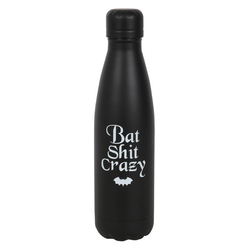 Black metal water bottle with 'Bat Shit Crazy' slogan, 500ml capacity, eco-friendly, screw-top lid for hot/cold drinks.