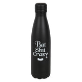 Black metal water bottle with 'Bat Shit Crazy' slogan, 500ml capacity, eco-friendly, screw-top lid for hot/cold drinks.