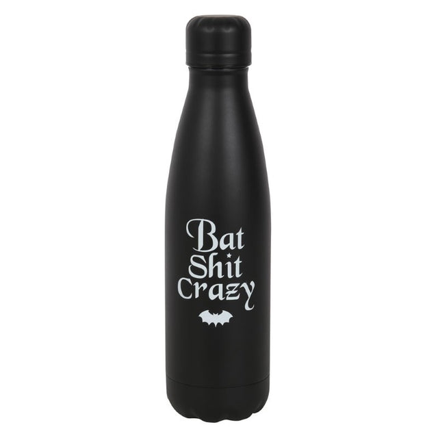 Black metal water bottle with 'Bat Shit Crazy' slogan, 500ml capacity, eco-friendly, screw-top lid for hot/cold drinks.