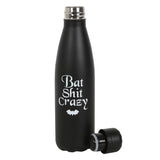 Black metal water bottle with "Bat Shit Crazy" slogan, 500ml capacity, eco-friendly, screw-top lid, gothic style.