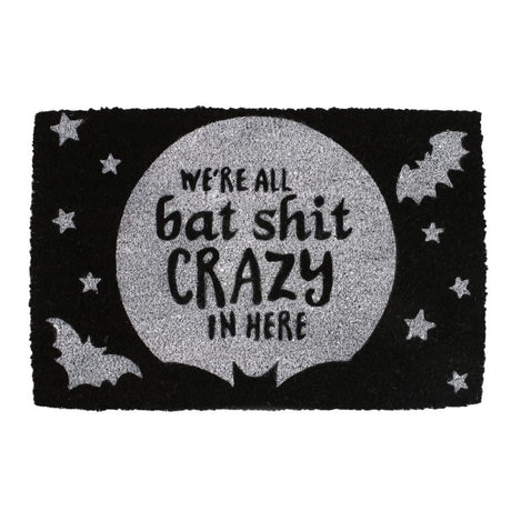 Bat Shit Crazy Doormat featuring a playful phrase and full moon design, perfect for gothic-themed home decor.