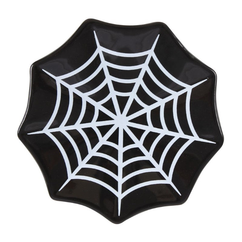 Spiderweb Ceramic Trinket Dish in black and white, ideal for holding jewelry and keys, showcasing gothic home decor style.