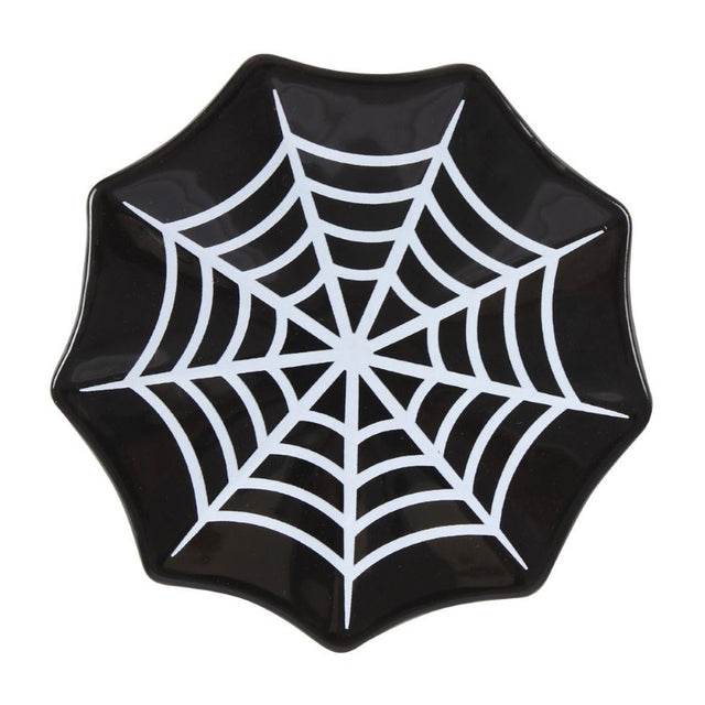 Spiderweb Ceramic Trinket Dish in black and white, ideal for holding jewelry and keys, showcasing gothic home decor style.