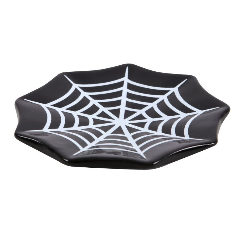 Spiderweb Ceramic Trinket Dish featuring a gothic spiderweb design, ideal for holding jewelry and small trinkets stylishly.