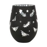 Whimsical Bat Stemless Wine Glass featuring charming bat designs and a stunning silver interior, perfect for gothic decor.