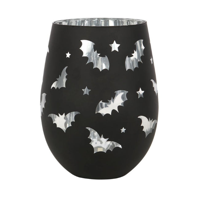 Whimsical Bat Stemless Wine Glass featuring charming bat designs and a stunning silver interior, perfect for gothic decor.