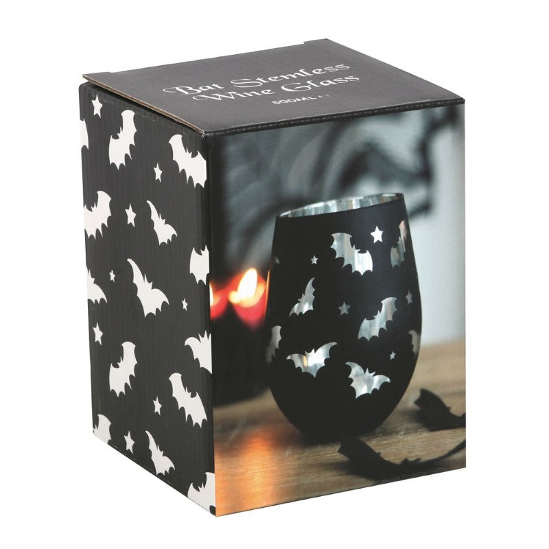 Whimsical Bat Stemless Wine Glass featuring clear bat designs and a silver interior, perfect for gothic-themed gatherings.