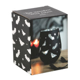 Whimsical Bat Stemless Wine Glass featuring clear bat designs and a silver interior, perfect for gothic-themed gatherings.