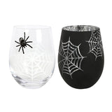 Set of 2 stemless wine glasses featuring a printed spider on clear glass and a silver interior web design, perfect for spooky elegance.