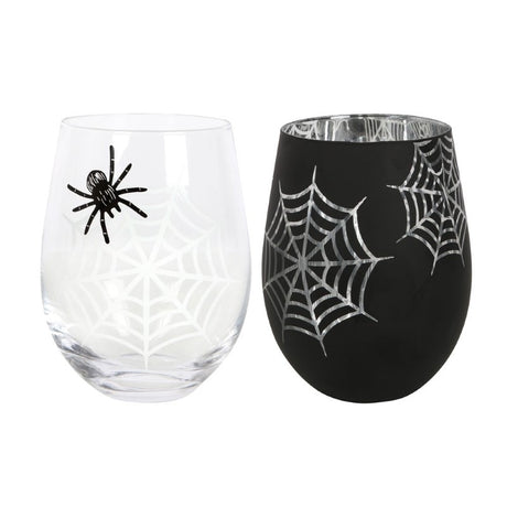 Set of 2 stemless wine glasses featuring a printed spider on clear glass and a silver interior web design, perfect for spooky elegance.