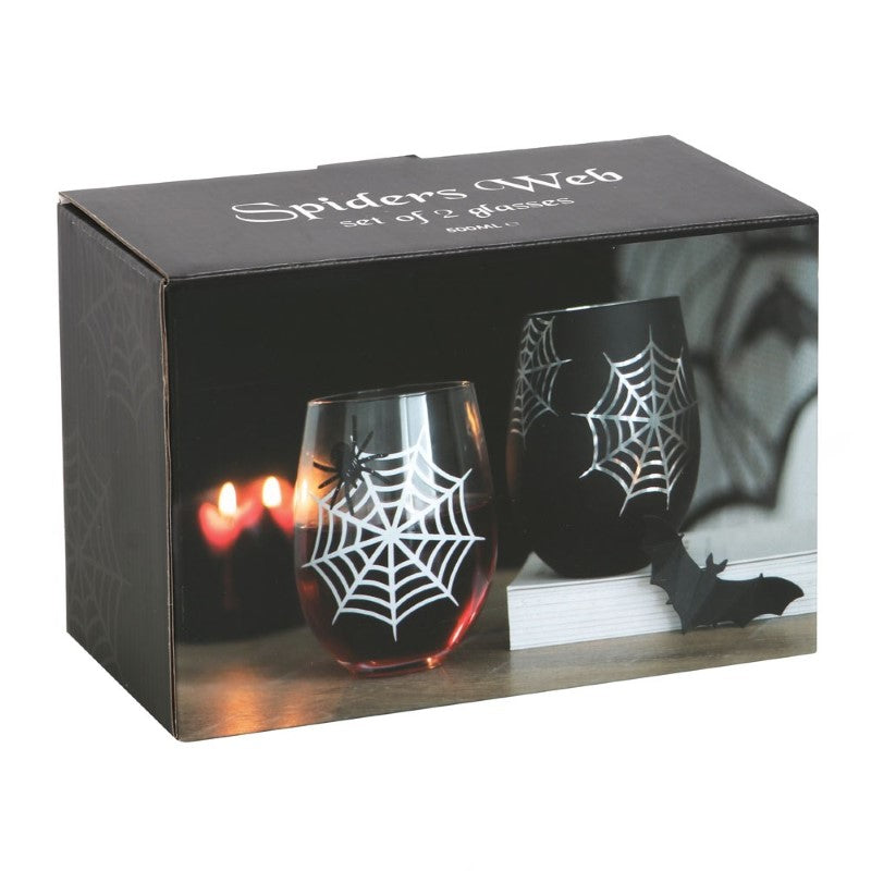 Set of 2 stemless wine glasses featuring a spider design and a shimmering web, perfect for spooky themed gatherings.