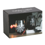 Set of 2 stemless wine glasses featuring a spider design and a shimmering web, perfect for spooky themed gatherings.