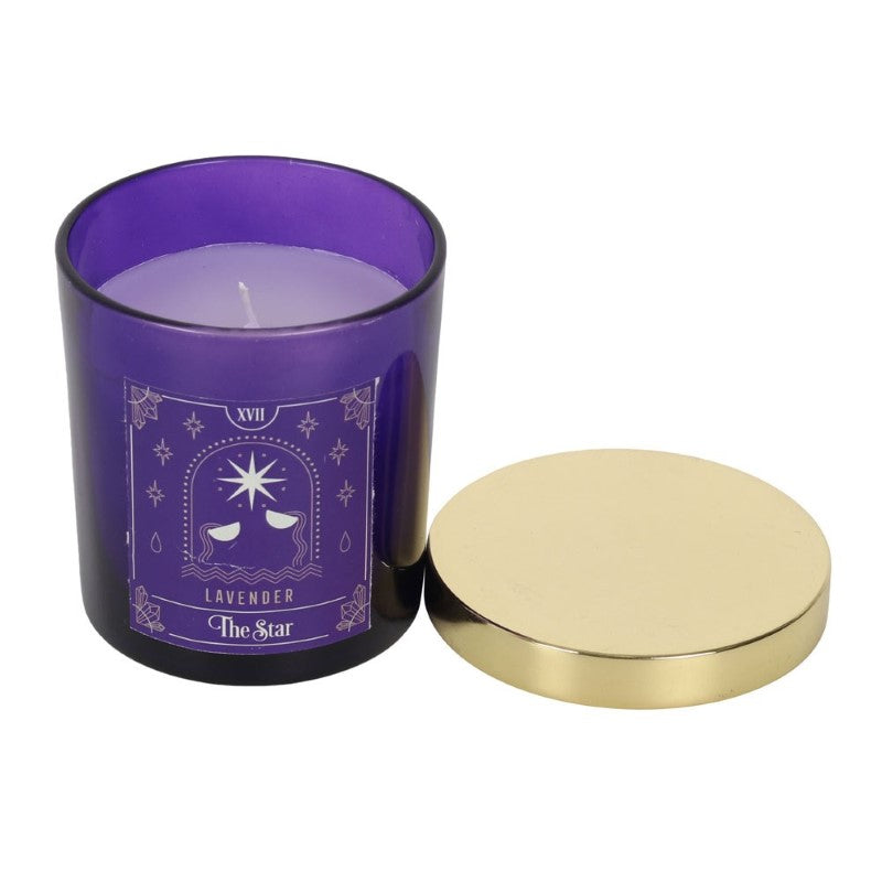 Lidded candle with a star tarot design, infused with calming lavender scent, ideal for meditation and spiritual décor.
