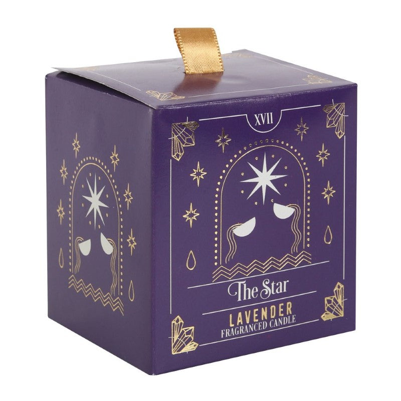 Lidded candle featuring a star tarot design, infused with calming lavender, offering 25 hours of aromatic glow for spiritual rituals.