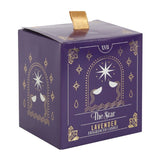 Lidded candle featuring a star tarot design, infused with calming lavender, offering 25 hours of aromatic glow for spiritual rituals.