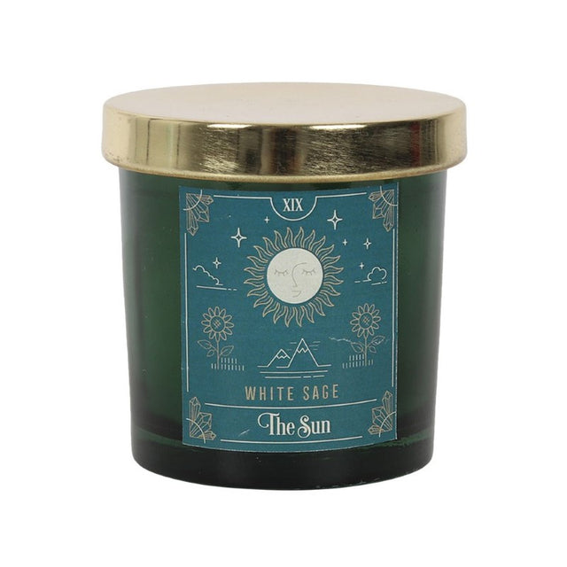 Lidded candle featuring sun tarot design and white sage scent, perfect for meditation with a burn time of 25 hours.