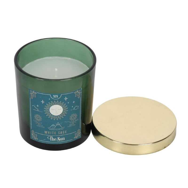 Lidded candle featuring sun tarot design, infused with white sage scent, perfect for meditation and enhancing spiritual rituals.
