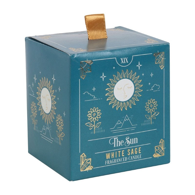 White sage scented tarot candle featuring sun design, perfect for meditation and enhancing spiritual practices.
