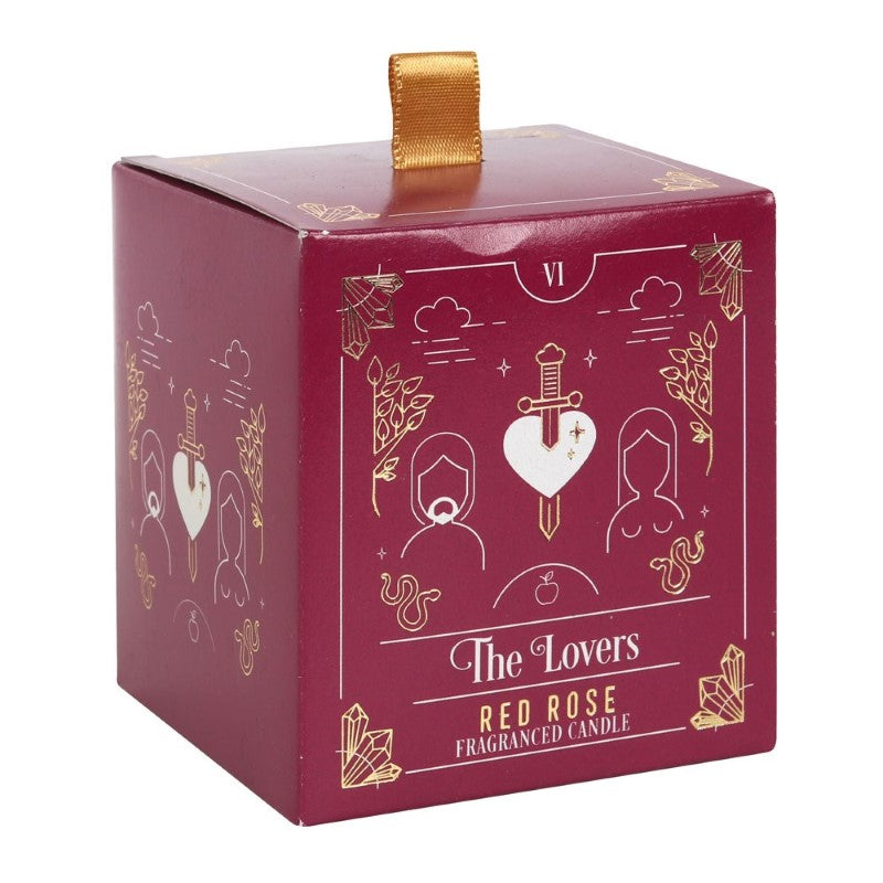 Red Rose Tarot Candle featuring lovers design, infused with rose fragrance, perfect for romantic ambiance and décor.