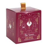 Red Rose Tarot Candle featuring lovers design, infused with rose fragrance, perfect for romantic ambiance and décor.