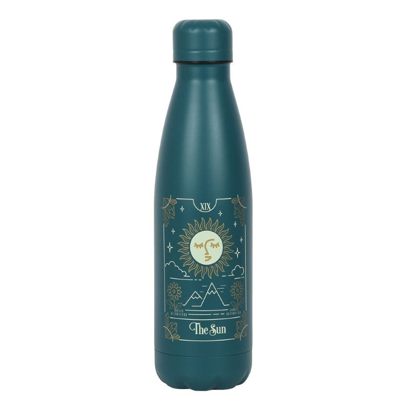 Stylish blue-green metal water bottle with a sun tarot illustration, eco-friendly, 500ml, BPA-free, and shatter resistant.