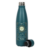 Blue-green metal water bottle with sun tarot illustration, 500ml capacity, eco-friendly, BPA-free, shatter resistant, screw-top lid.